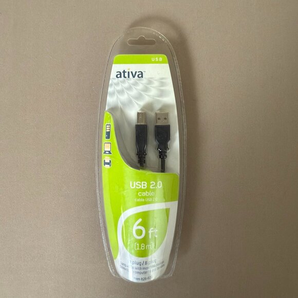 NEW Ativa USB 2.0 Cable 6ft, A to B Plug, Printer Scanner Cord, 480 Mbps - Picture 2 of 6